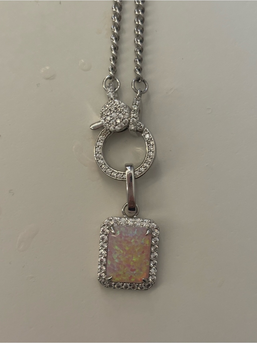 Silver Opal Rectangle Pendant Necklace with Pave Halo
